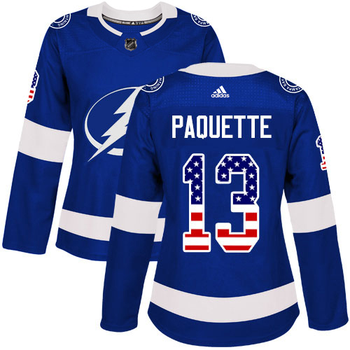 Adidas Tampa Bay Lightning #13 Cedric Paquette Blue Home Authentic USA Flag Women Stitched NHL Jersey->women nhl jersey->Women Jersey